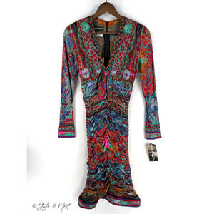 Vintage Leonard Fashion Paris 100% Silk Floral Gold Jersey Mikado Dress Small